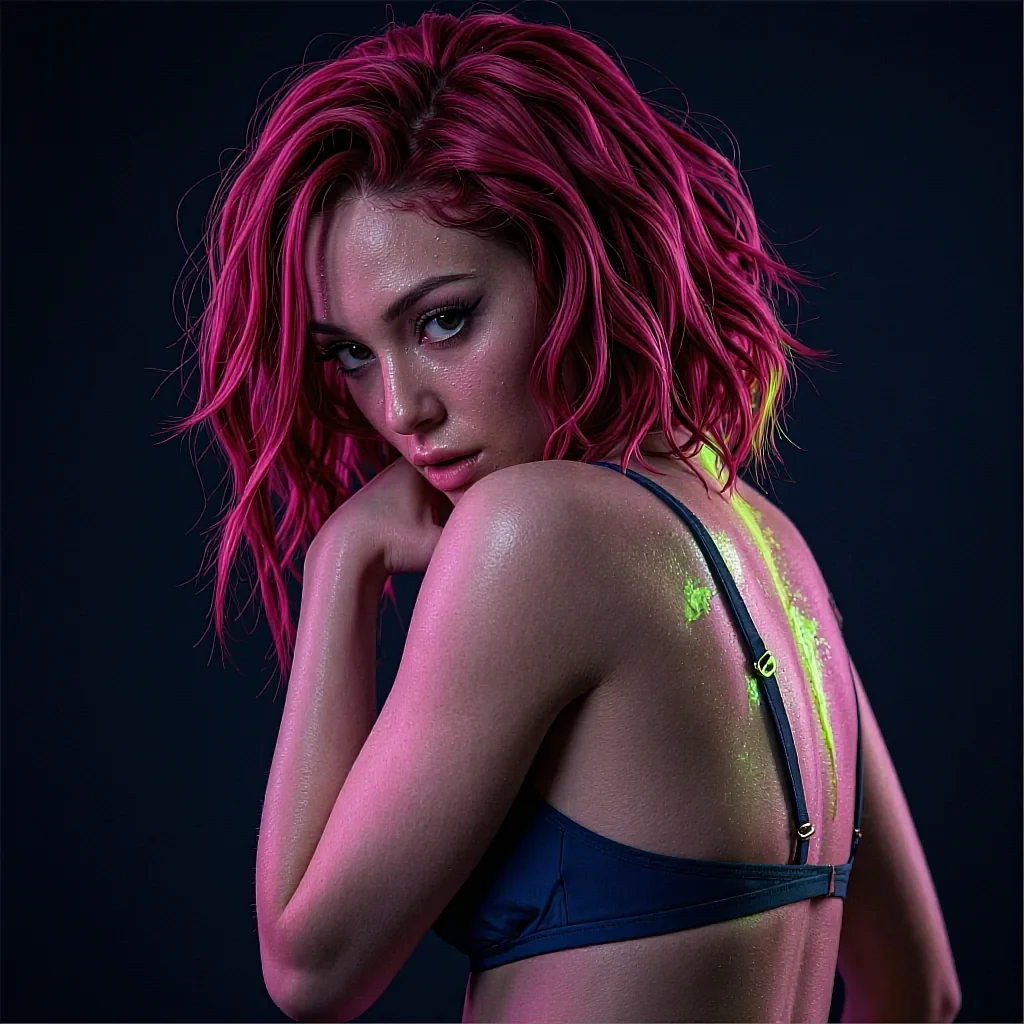 Fictional AI character with bright pink hair and a blue swim top, looking back over her shoulder