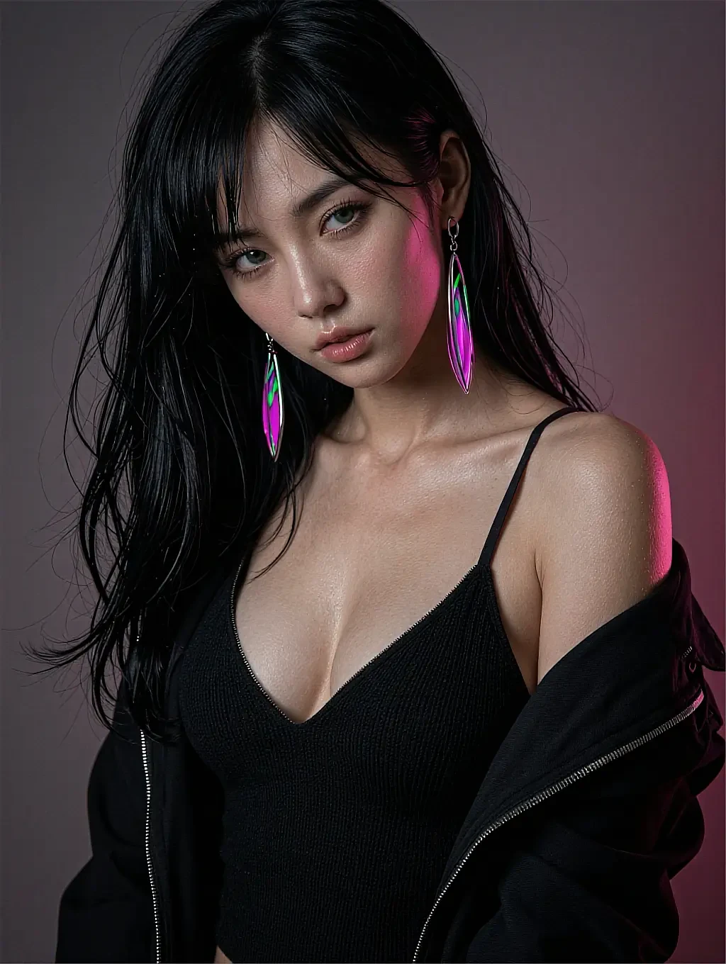 Fictional AI character in a black top with long green earrings under pink light