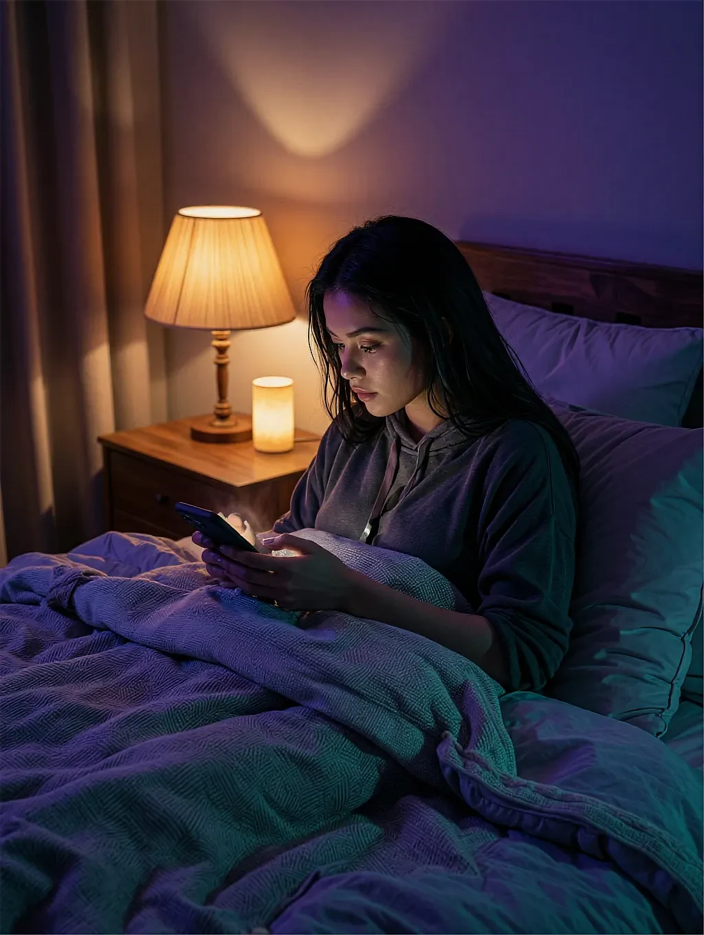 Fictional AI character in bed at night with a lamp on, reading her phone