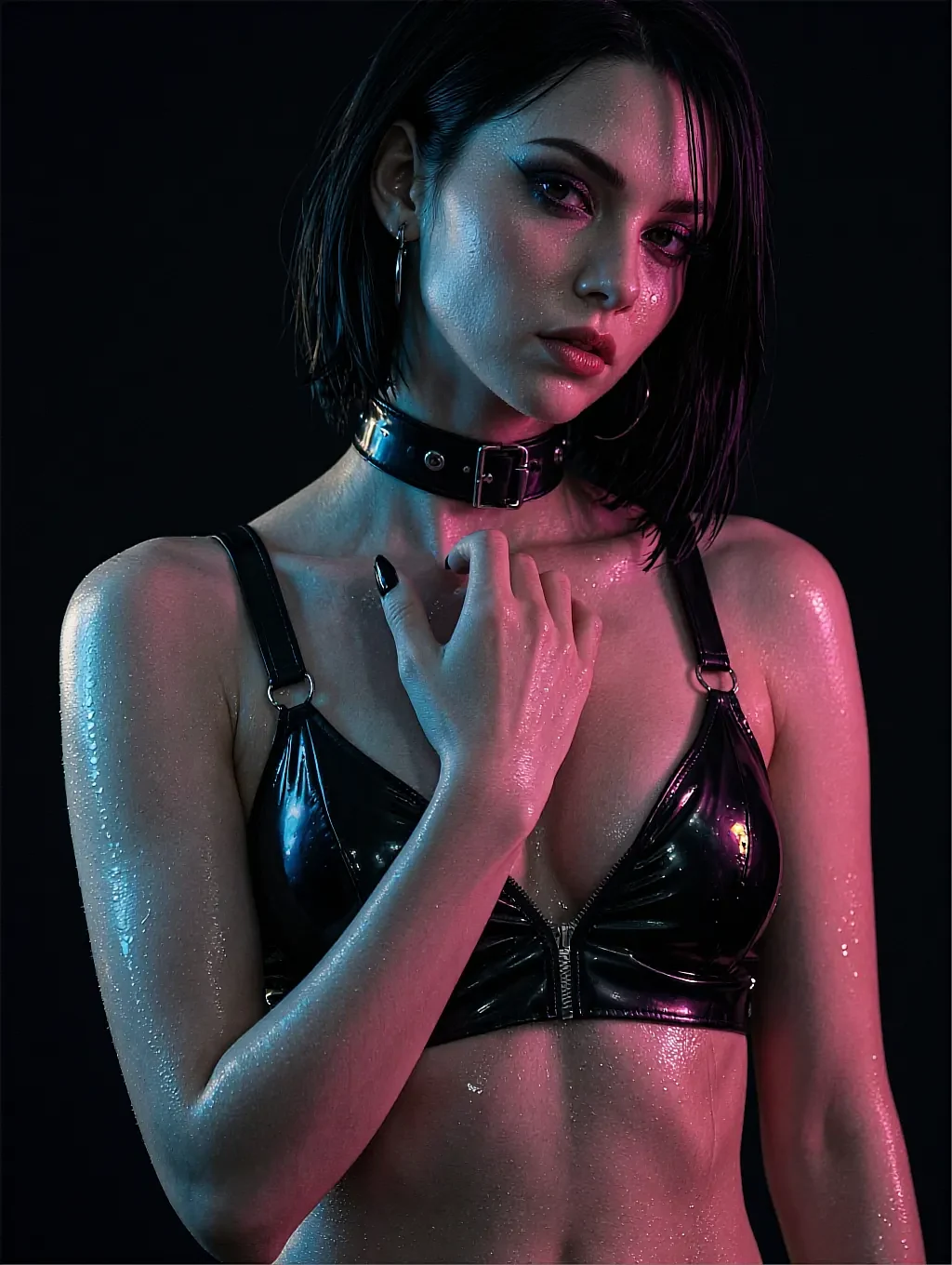 Fictional AI character in a black bra and a buckled choker under pink and teal light