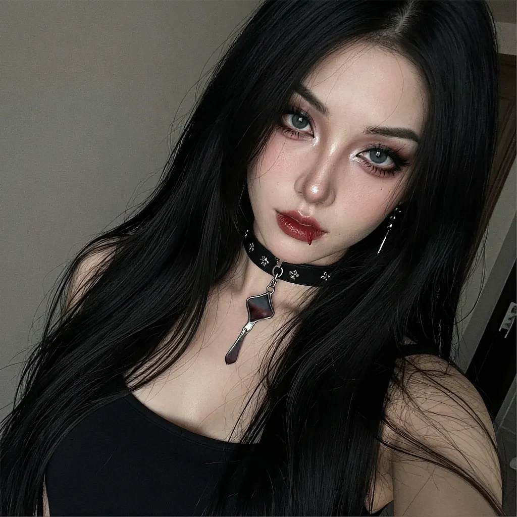 Fictional AI character with long black hair and a bar choker, close portrait