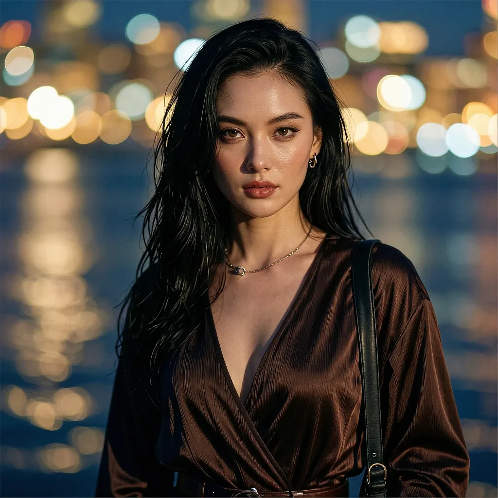 Fictional AI character in a brown satin shirt against blurred city lights