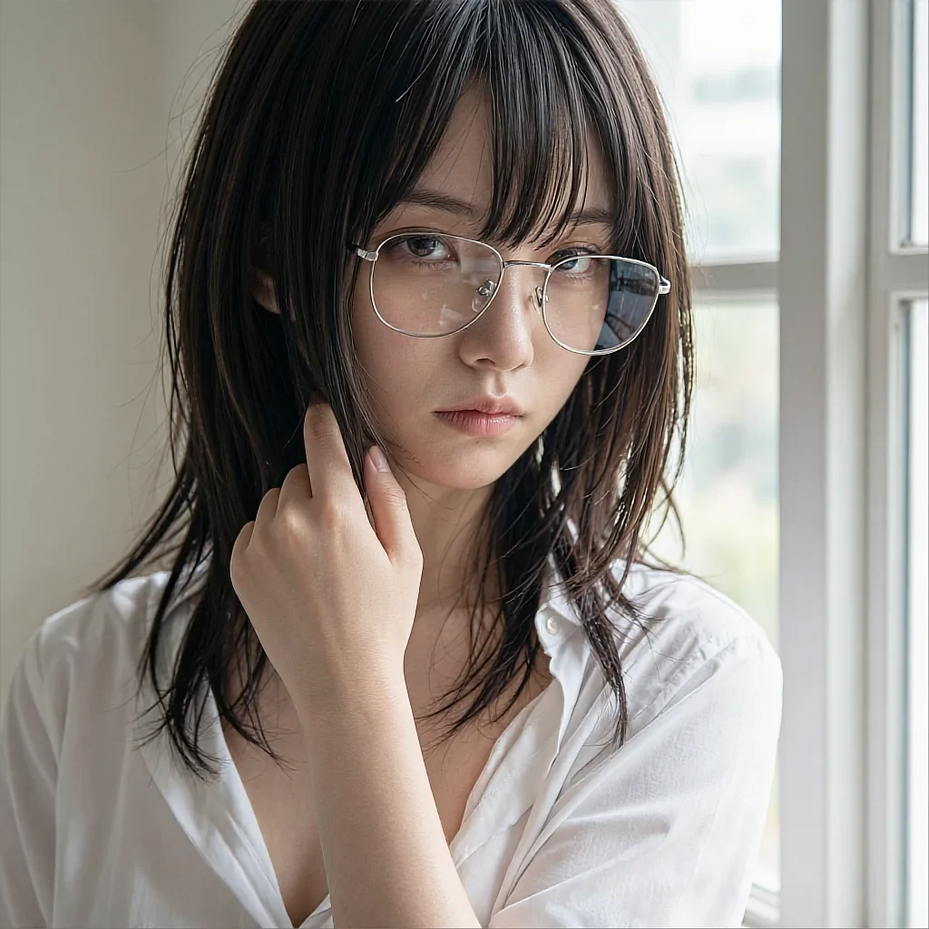 Fictional AI character in a white shirt and wire-framed glasses by a window